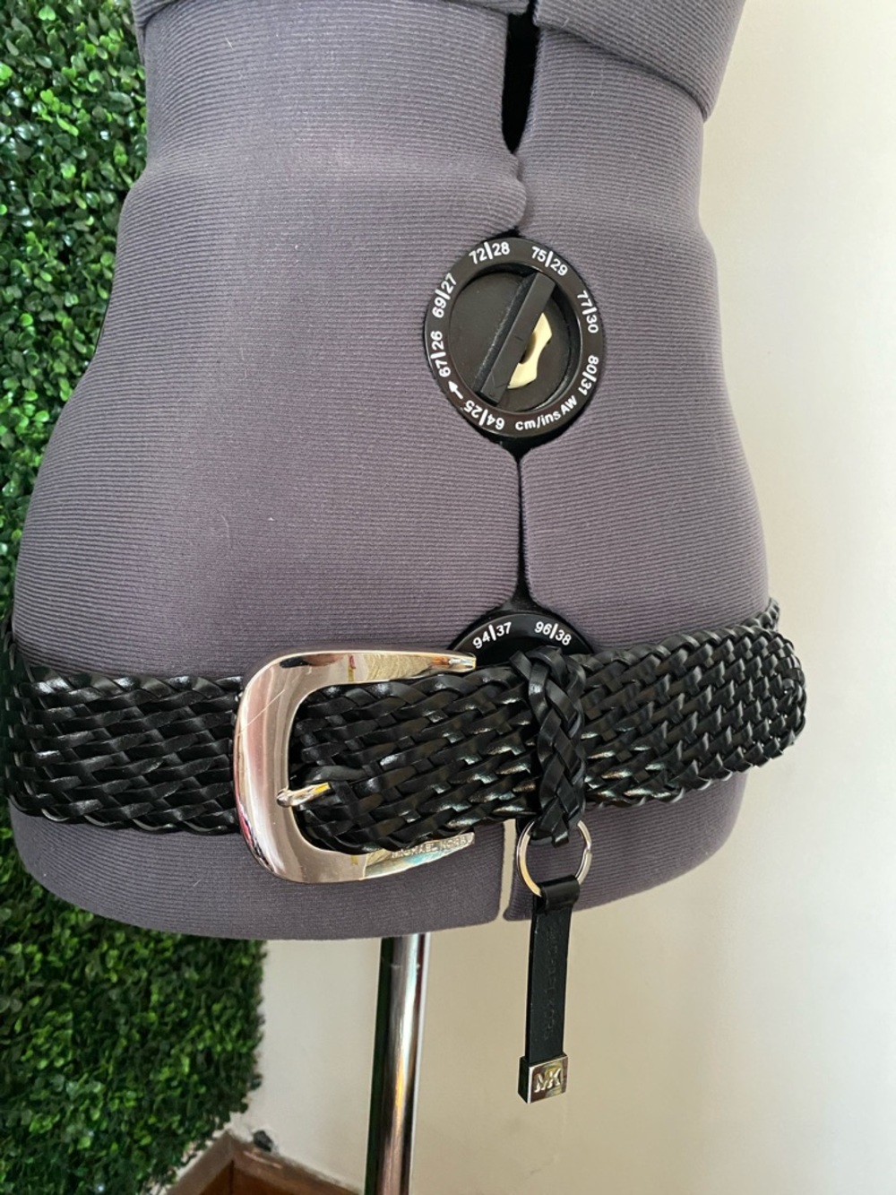 Michael Kors Black Braided Leather Belt with Silver-Tone Buckle
